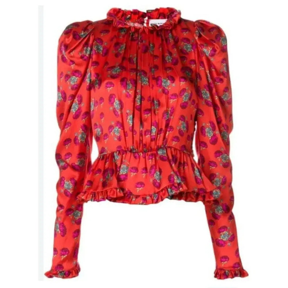 $1160 Magda Butrym Normandy Orange Silk Floral Peplum Mock Neck Trimmed Blouse 6 - Picture 5 of 13